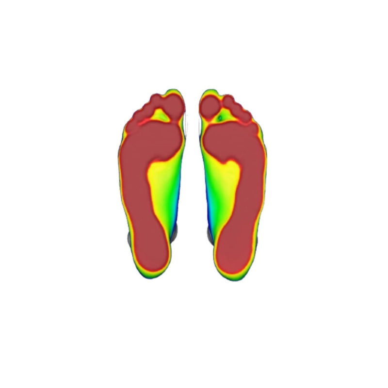 Fußabdruck auf einem weißen Hintergrund, der die Druckbelastung zeigt. Die unterschiedlichen Intensitäten im Abdruck verdeutlichen die Bereiche mit höherem Druck.