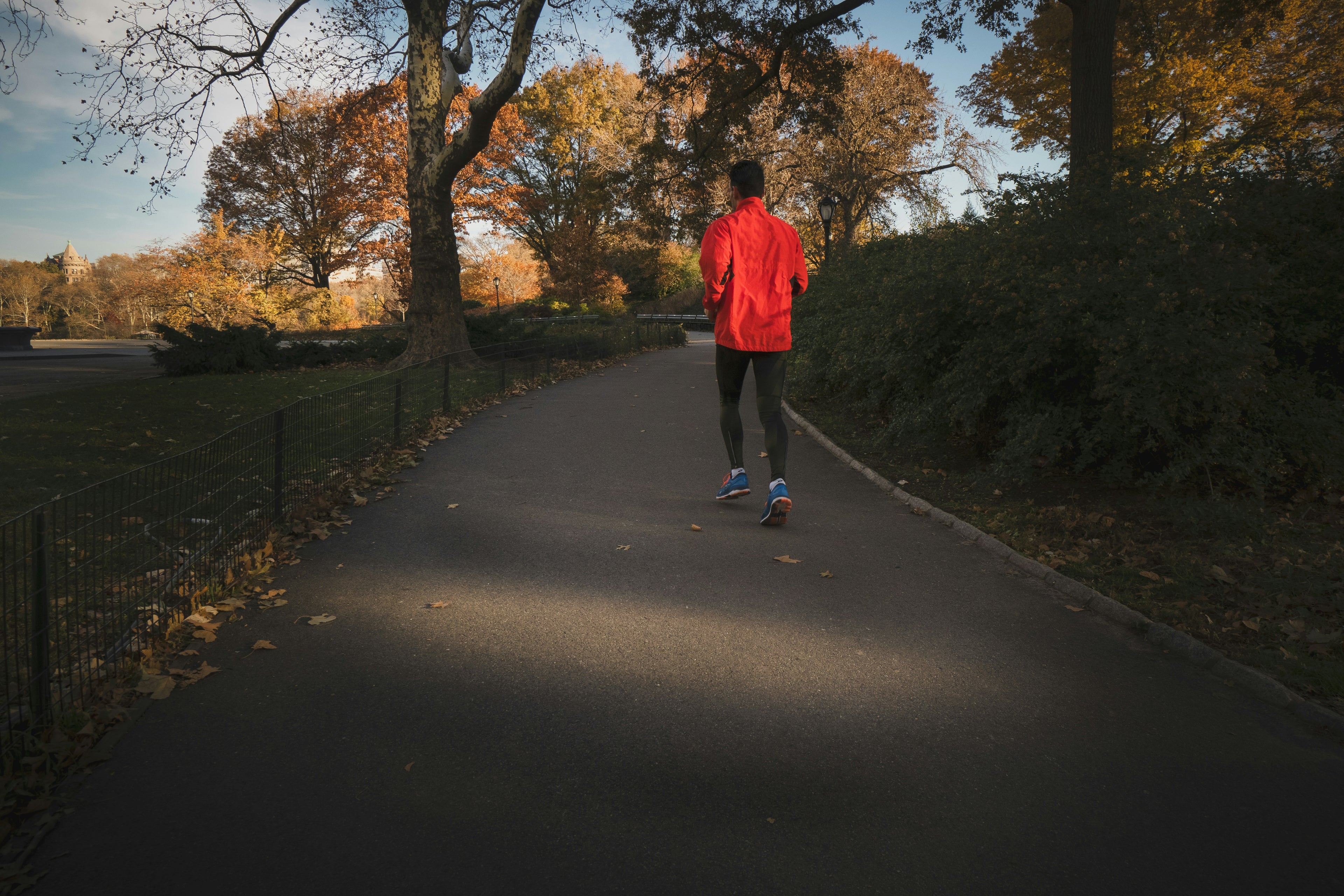 Mann in einer roten Sportjacke läuft durch einen Park, während die Dämmerung einsetzt. Die Bäume und Wege im Hintergrund sind leicht schattiert, was die Abendstimmung unterstreicht.