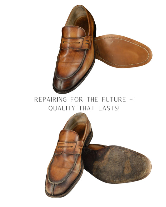 Before-and-after image of custom shoes: The top shows the repaired and polished shoes, while the bottom displays the unpolished and unrepaired shoes. The comparison illustrates the difference between the repaired and worn states.