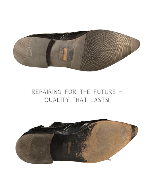 Before-and-after image of a shoe: The top shows the repaired shoe in good condition, while the bottom displays the unrepaired shoe, which looks worn and damaged. The comparison highlights the difference between the two states of the shoe.