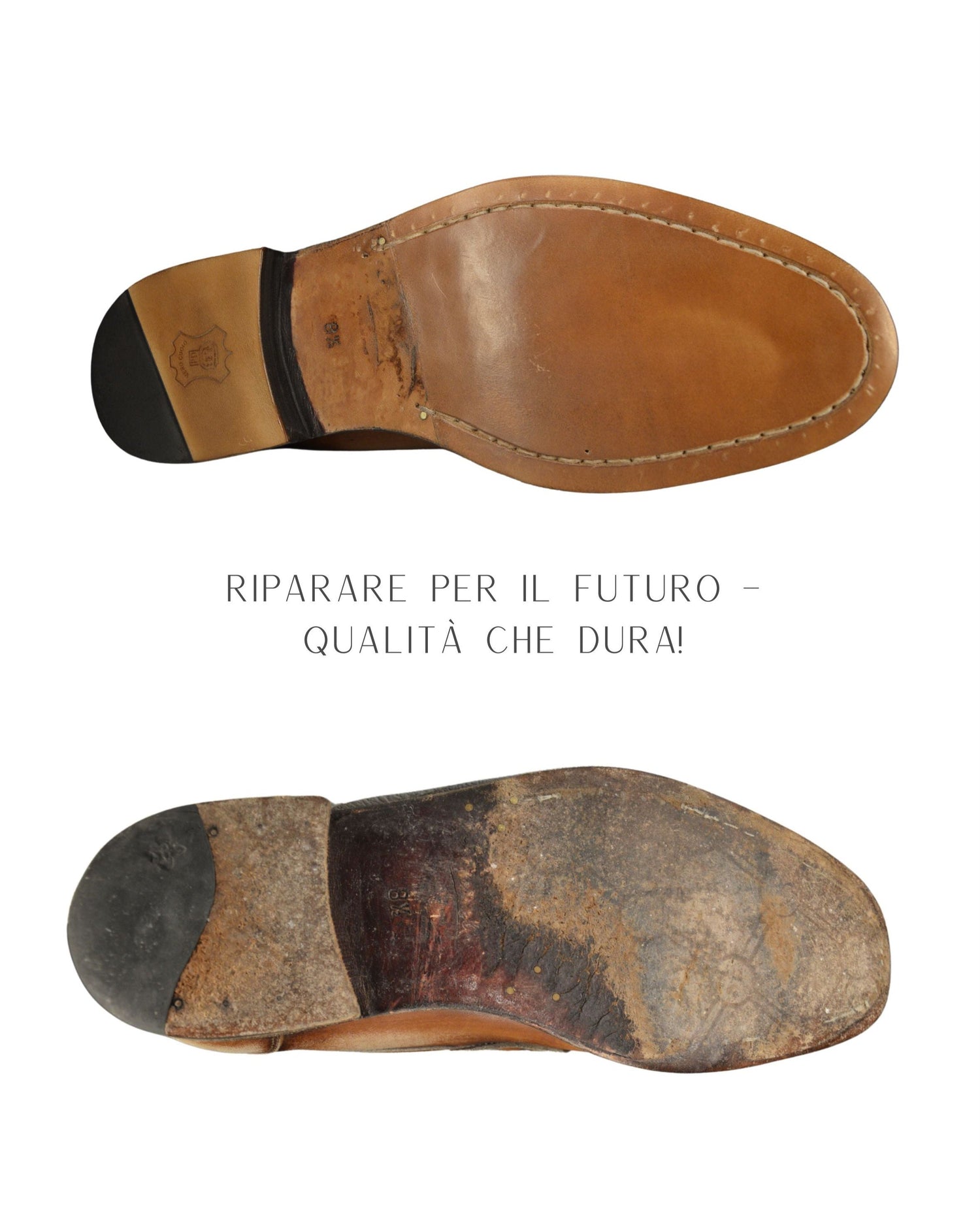 Immagine prima e dopo di una scarpa: La parte superiore mostra la scarpa riparata in buone condizioni, mentre la parte inferiore mostra la scarpa non riparata, che appare usurata e danneggiata. Il confronto evidenzia la differenza tra i due stati della scarpa.