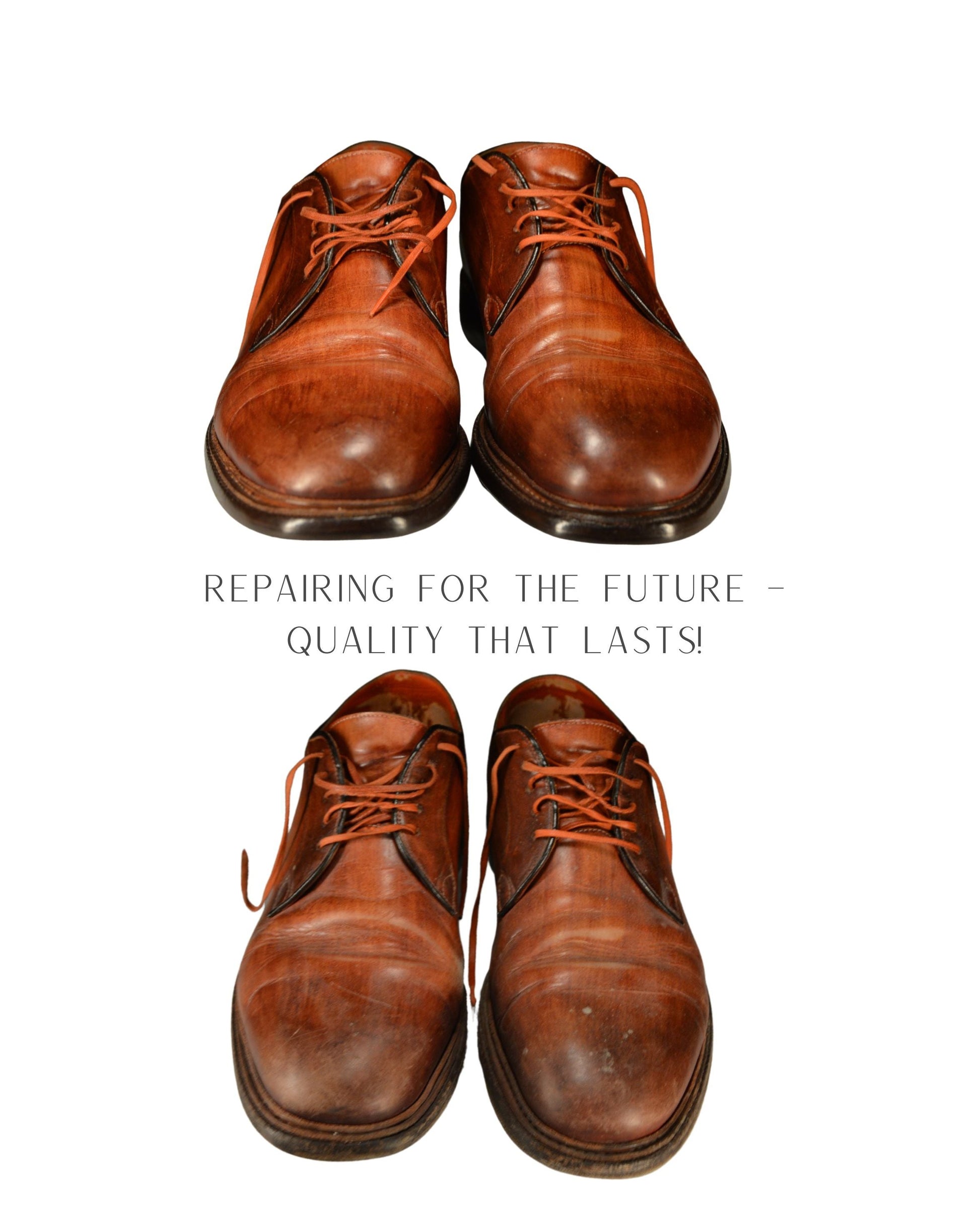 Before-and-after image of a shoe: The top shows the well-maintained shoe in good condition, while the bottom displays the neglected shoe, which appears worn and damaged. The comparison highlights the difference between the two states of the shoe.