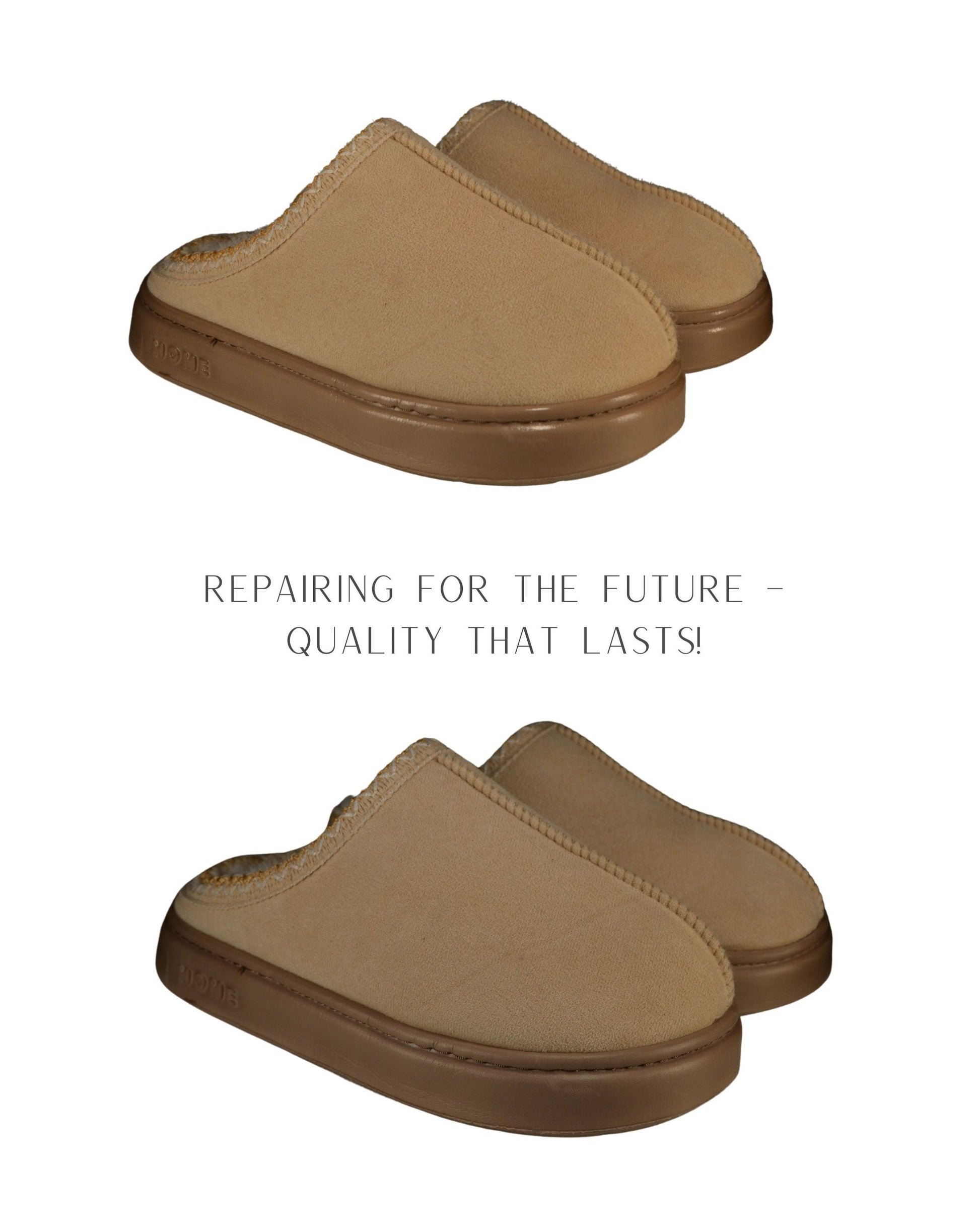 Before-and-after image of a shoe: The top shows an impregnated shoe that appears clean and protected, while below is an unimpregnated model that looks a bit lighter. The white background enhances the contrast between the two shoes.